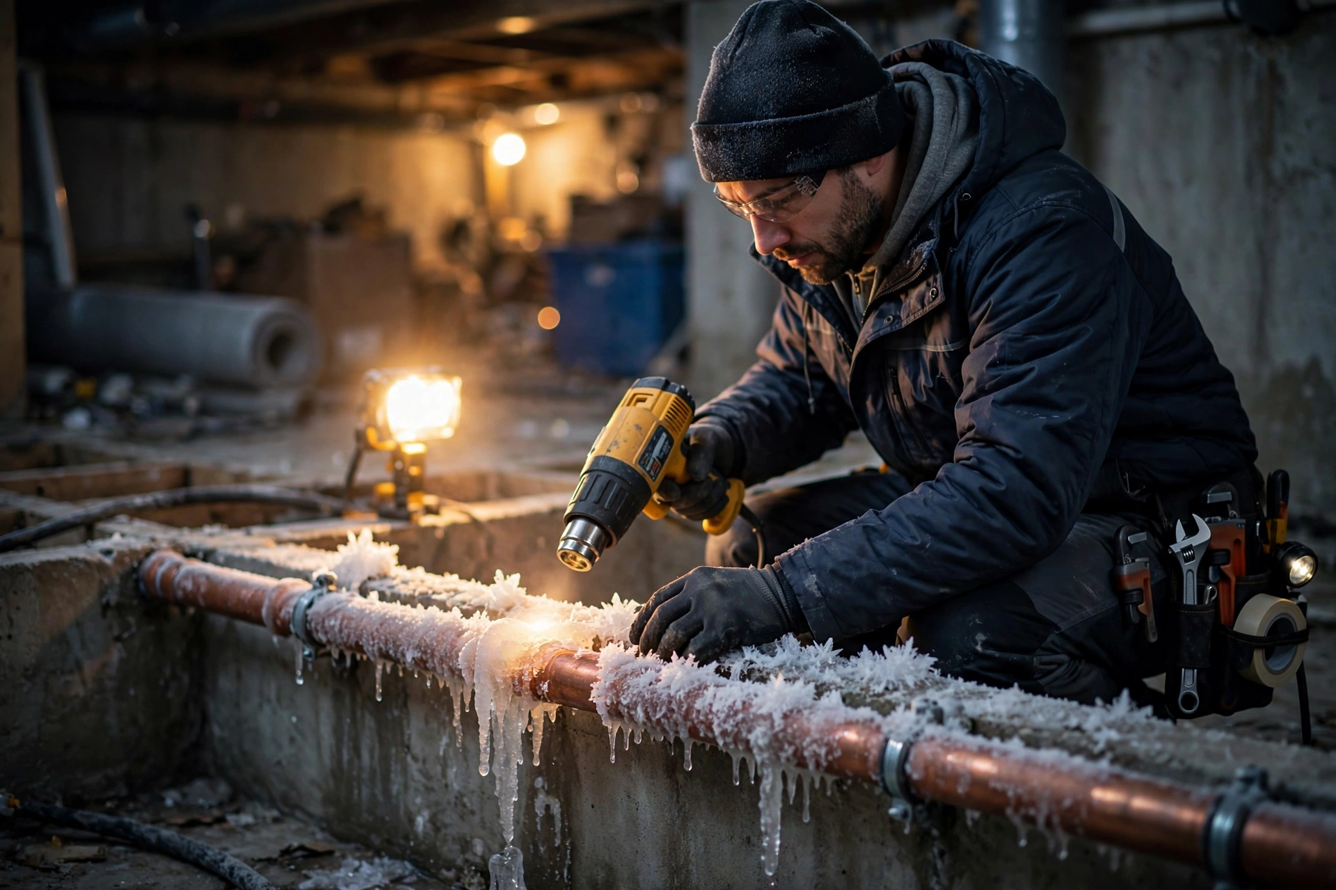 Technician servicing a gas furnace in a Norristown, PA basement during winter